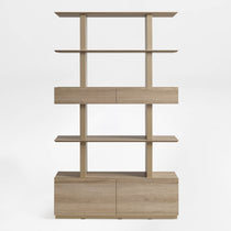 Eureka Ergonomic Ark 78 inch oak bookshelf with drawers and display shelves, front view