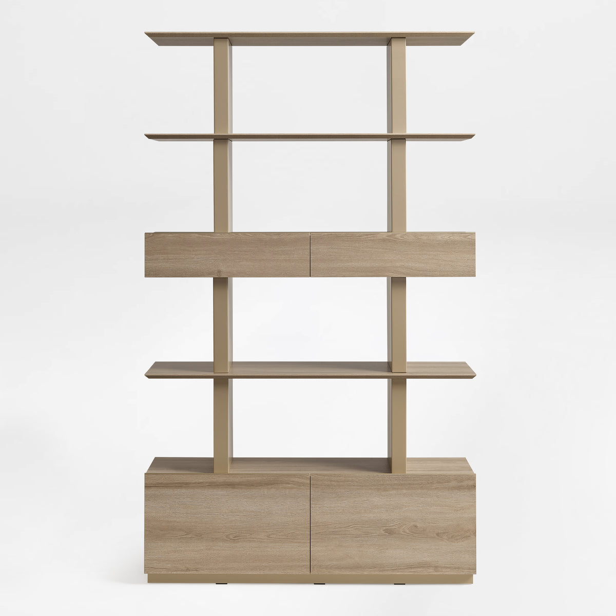 Eureka Ergonomic Ark 78 inch oak bookshelf with drawers and display shelves, front view