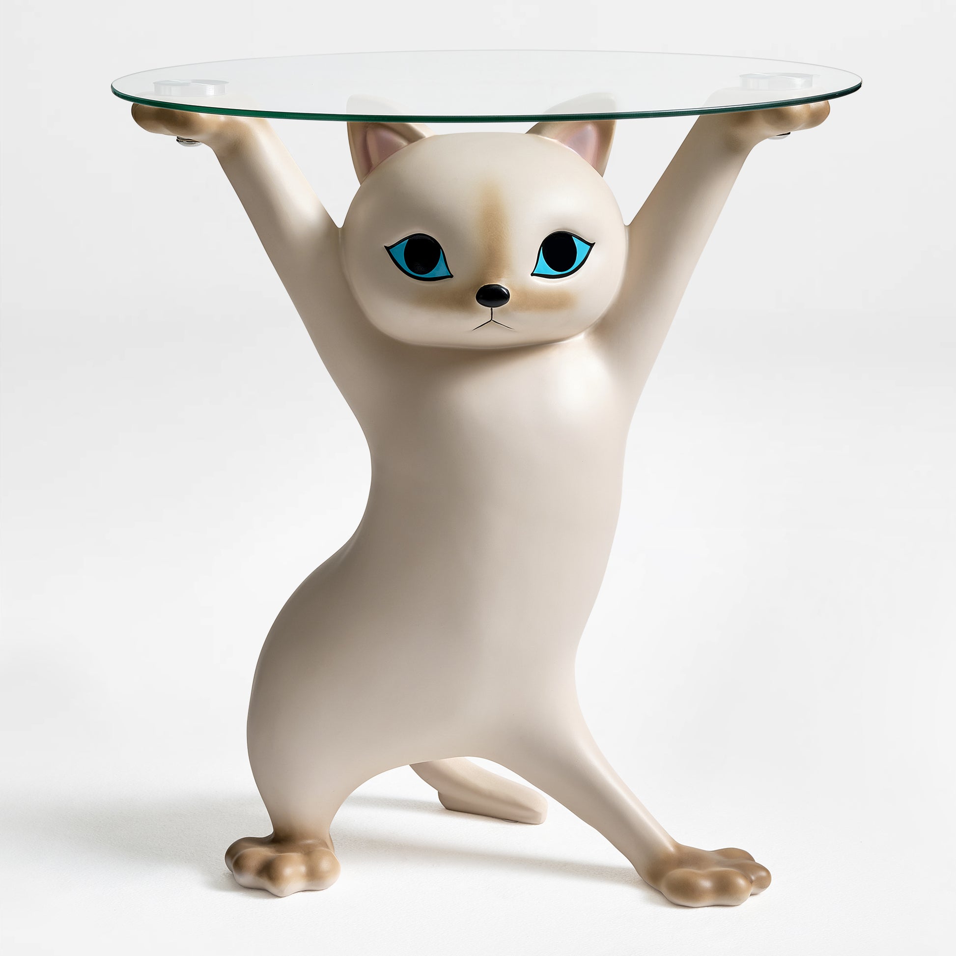Enchanting Cat Side Table With Clear Glass Tray, White Cat-Shaped Base, and Home Decor.