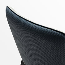 Aspen Woven Leather Dining Chair Backrest Detail in Indigo Blue and Off-White, Contemporary Design.