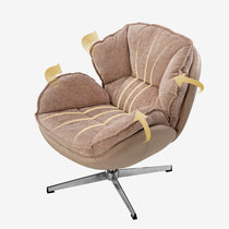 Tan Chenille Swivel Lounge Chair With Chrome Base, Ergonomic Design, and Swivel Feature.
