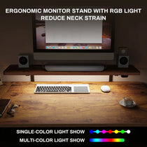 Ergonomic Monitor Stand With Rgb Light, Reducing Neck Strain, On a Maple Wood Desk.
