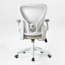 Eureka Ergonomic Vera ergonomic office chair, rear view with white frame, grey PU leather seat, mesh back, and black casters.
