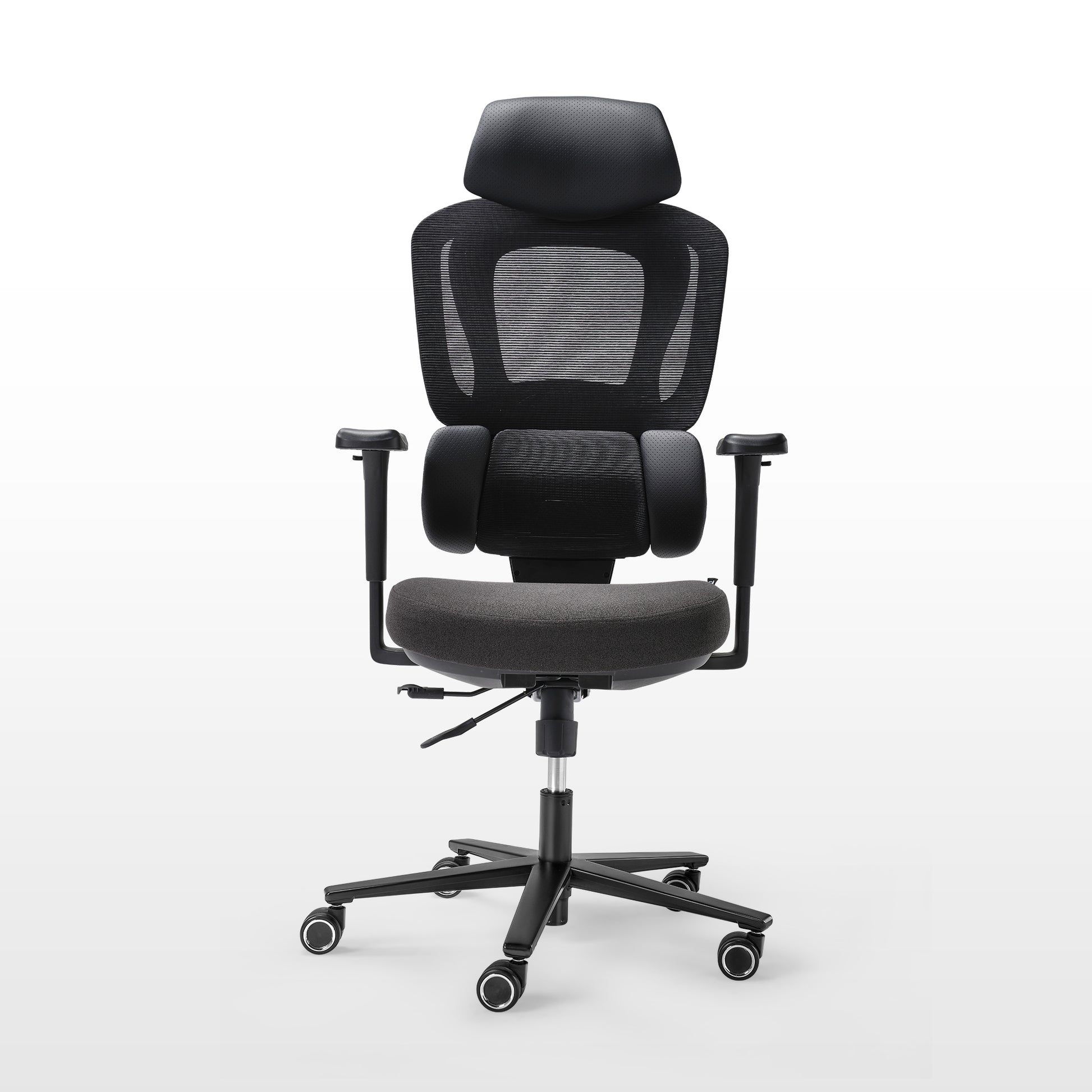 Hybrid ergonomic chair front view on white background, Blue