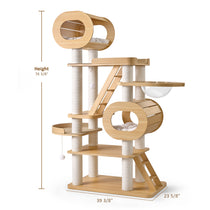 Eureka Ergonomic Babylon 76" cat tree tower dimensions: 76" H x 39" W x 24" D. Multi-level design with wood, sisal, clear dome.