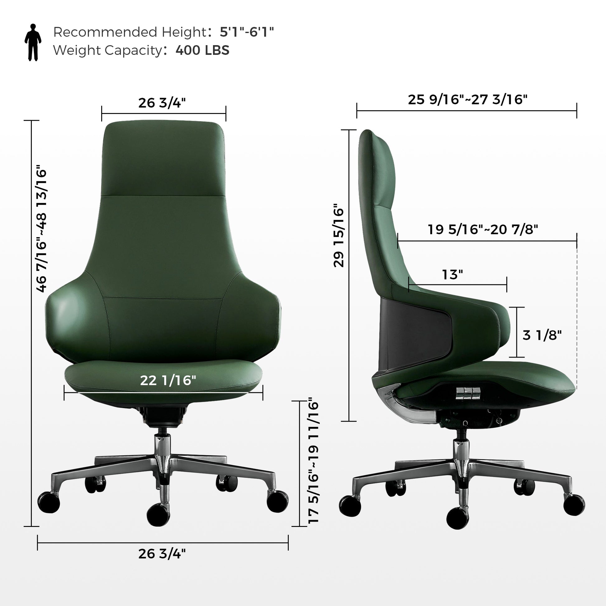 Eureka Ergonomic Serene Bella, Executive Leather Office Chair, Green,Dimensions