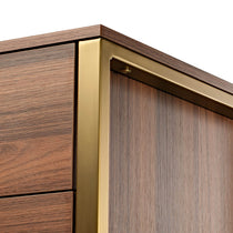 Walnut Chest Dresser Detail: Wood Grain With Gold Trim. Modern Bedroom Storage Cabinet.