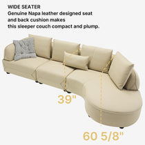 Leah Curved Sofa in Beige Napa Leather, Wide Seater, Ergonomic Design.