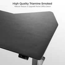 Ergonomic Office Standing Desk With Black Wood Grain Surface.