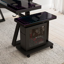 Black Height-Adjustable Illuminated Panel Cpu Cart With Grid-Patterned Panel, Perfect for Modern Workspaces.