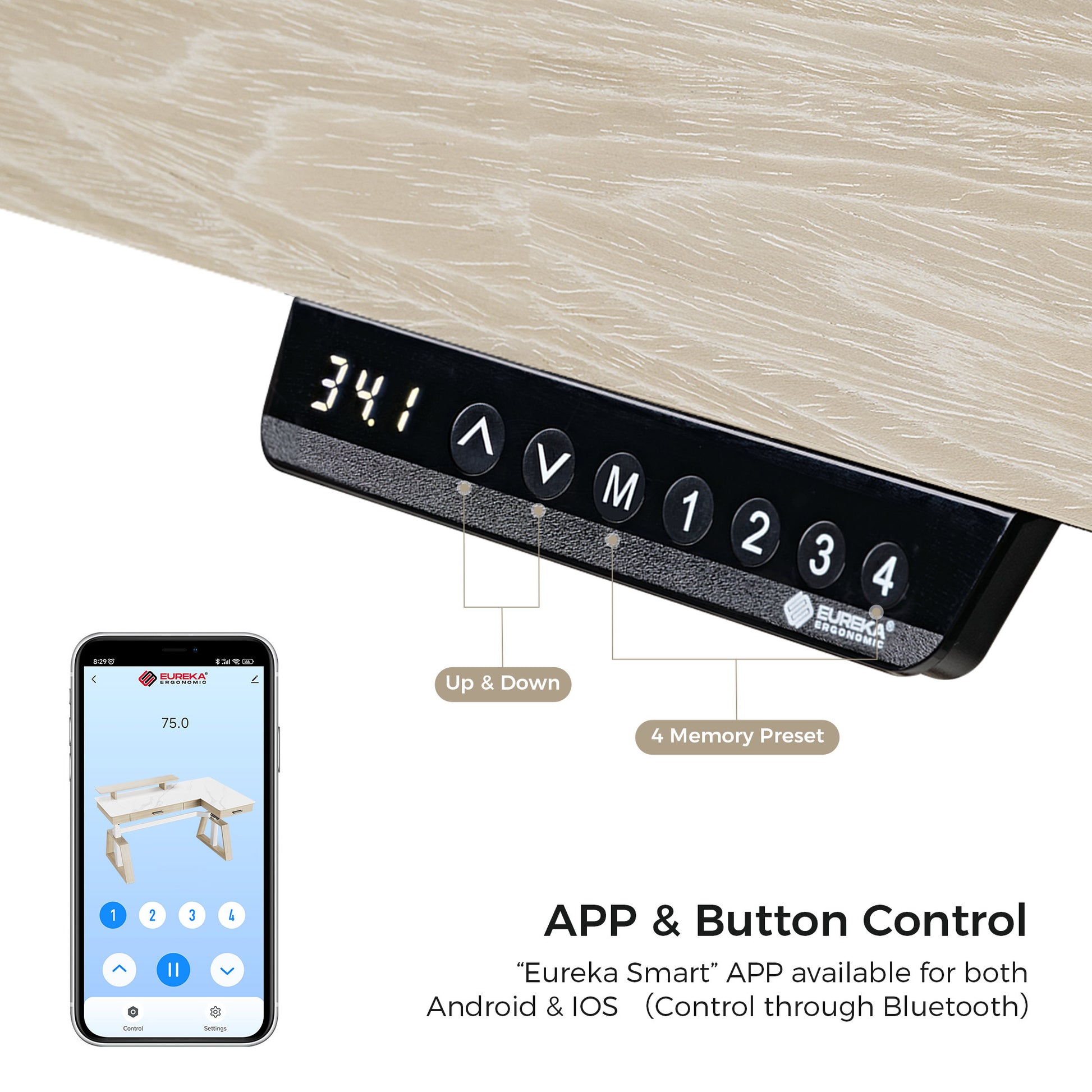 Ark L60 L Shaped Executive Slate Standing Desk White / Right Side App & Button, Physical Controls