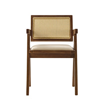 Eureka Ergonomic Mila mid-century modern walnut dining chair with handwoven rattan back and cream cushion, splayed legs.