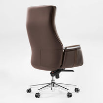 Eureka Ergonomic Royal II brown leather executive office chair, back and side view, high back, chrome accents on arms and base with casters.