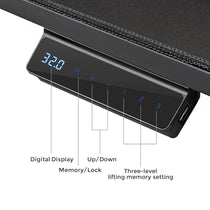 Eureka Ergonomic Aero Pro standing desk control panel showing digital display, memory buttons, up/down controls, and USB port.