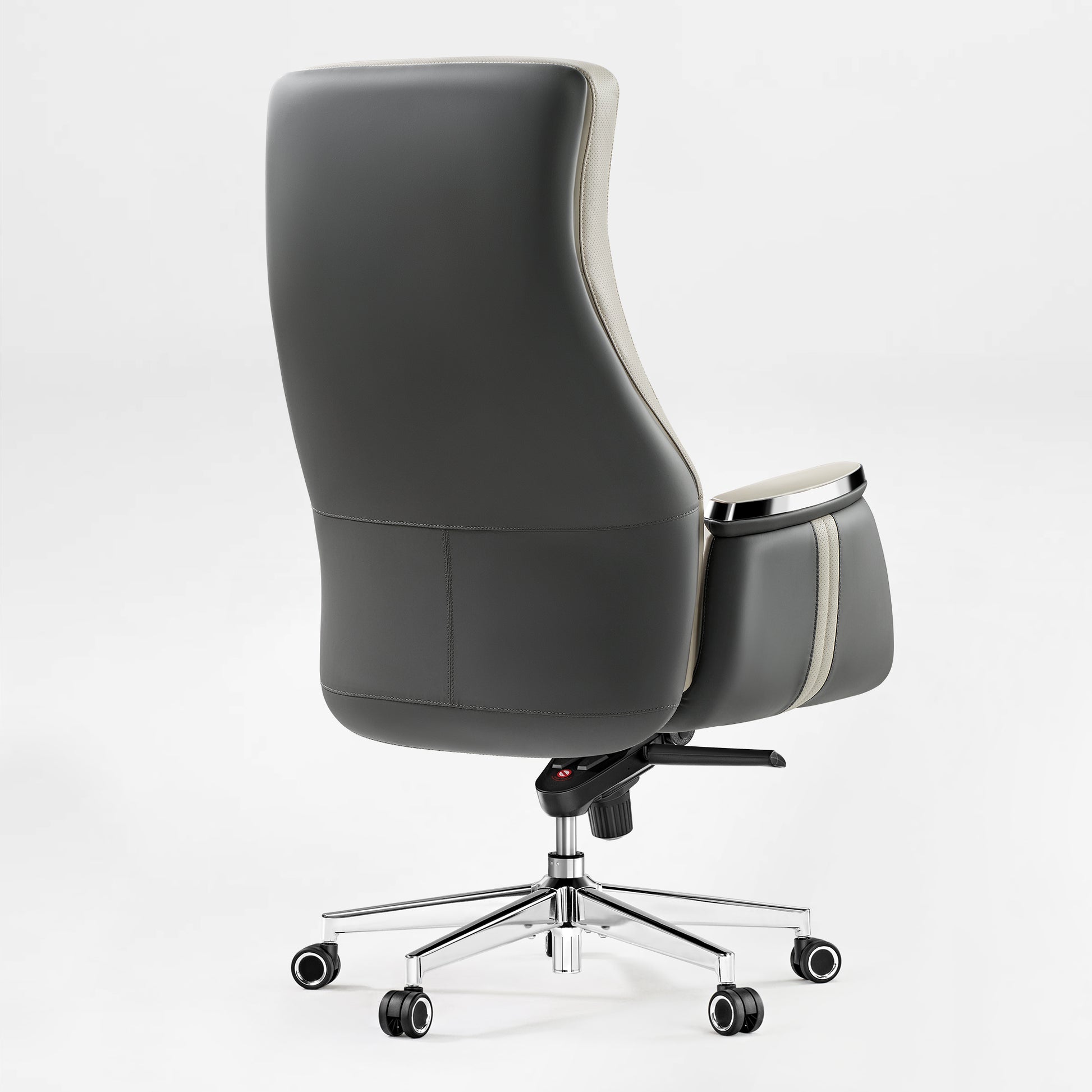 Royal II Executive Ergonomic Office Chair, Gray Leather High Back, Cream Accents, and Ergonomic Design.