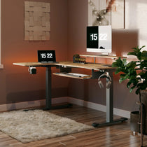 Eureka Ergonomic L-Shaped Standing Desk With Maple Top and Accessories, Showing 15: 22 On the Monitor and Laptop.