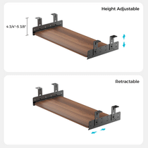Walnut Pull-Out Keyboard Tray With Height Adjustment and Retractable Features for Ergonomic Desks.