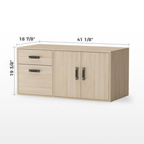 Zen Pro Executive Desk Wooden Cabinet With Drawers and Doors. Light Wood Finish With Labeled Dimensions for Office Storage.