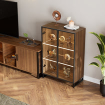 Modern Curio Cabinet With Adjustable Shelves and Led Lighting, Showcasing Collectibles in a Living Room Setting.