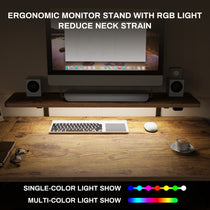 Ergonomic Monitor Stand With Rgb Light, Reducing Neck Strain, Wood Desk, Single and Multi-Color Light Show.