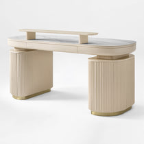 Oval Executive Fixed Height Desk With Light Beige Finish, Marble Top, Storage, Ergonomic Office Furniture.