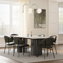 Dining Room With Finn Dining Chairs in Green Faux Leather and Black Steel Legs, Modern Dining Set.