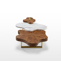 Cloud Coffee Table Set: Walnut Wood, White Marble, and Gold Legs. Modern Design for Living Room.