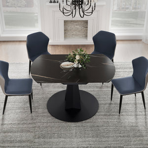 53'' Round Extending Dining Table with Stone Slab for Dining Room, black with retracted sides