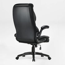 Eureka Ergonomic Galene black faux leather office chair with mesh sides, three-quarter rear view, on white background.