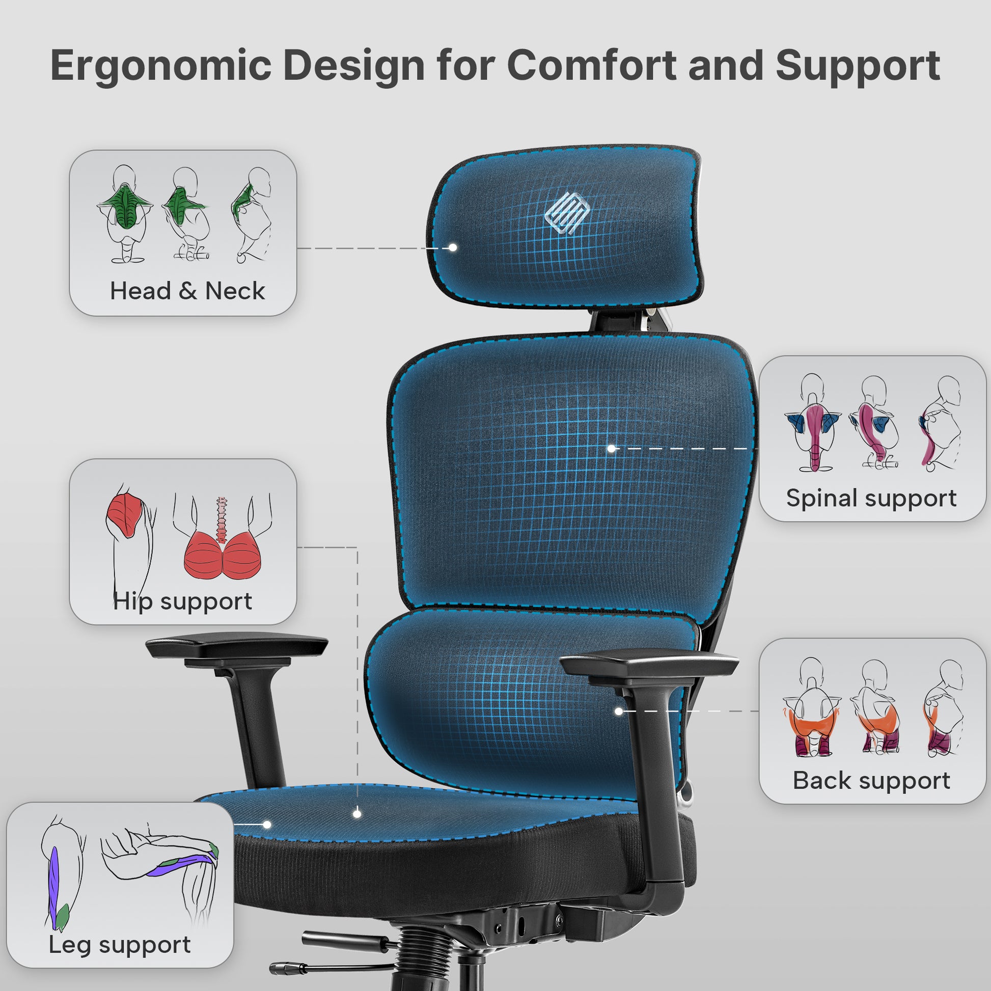grey fabric ergonomic design for comfort and support