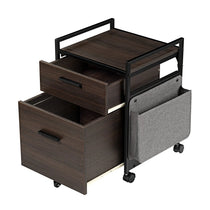 23-Inch Rustic Brown Rolling File Cabinet With Drawer and Fabric Storage.