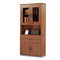 Eureka Ergonomic 72-Inch Walnut Bookcase With Glass Doors and Shelves.