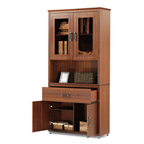 Eureka Ergonomic Walnut Storage Bookcase With Glass Doors, Shelves, Drawer and Stylish Cabinet. Featuring Books and Decor.