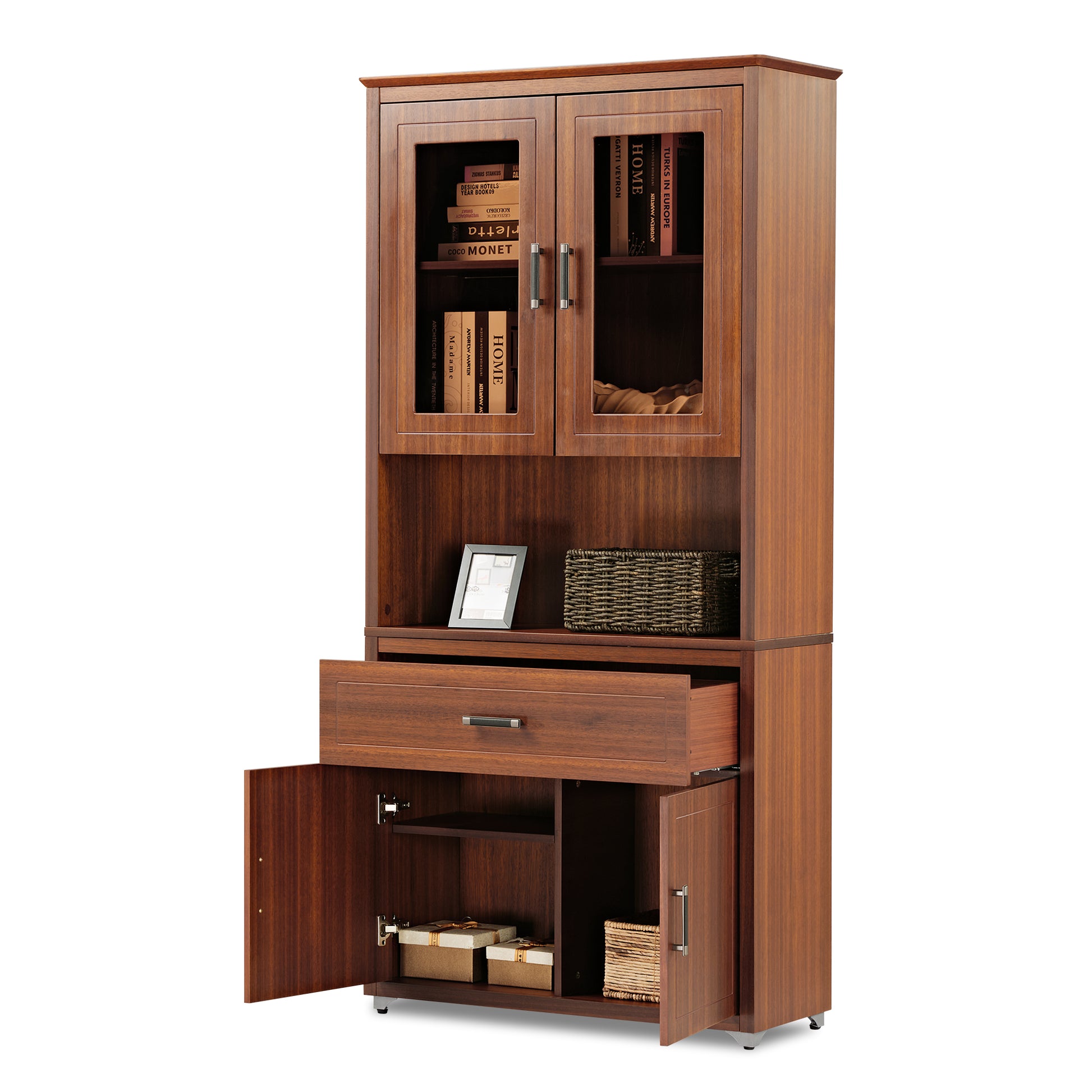 Executive Ark Collection, 72 inch Storage Cabinet Bookshelf with Doors, Walnut Lower Open Display Image