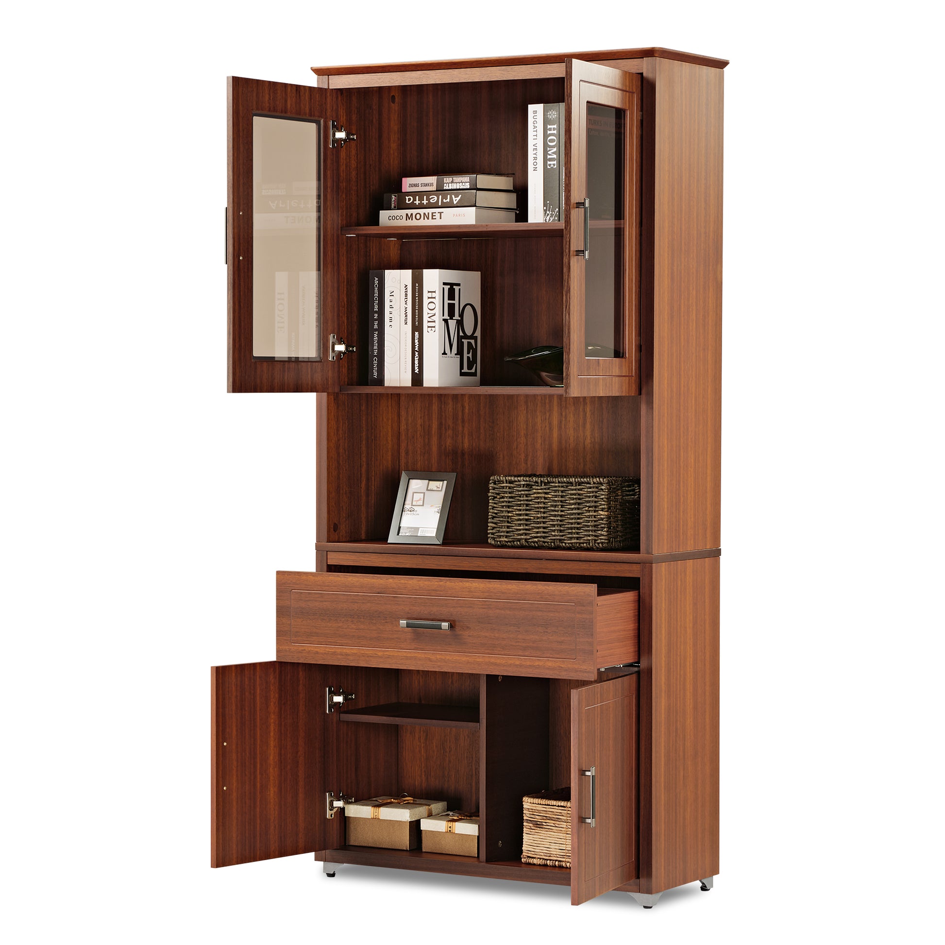 Executive Ark Collection, 72 inch Storage Cabinet Bookshelf with Doors, Walnut Open Display Image