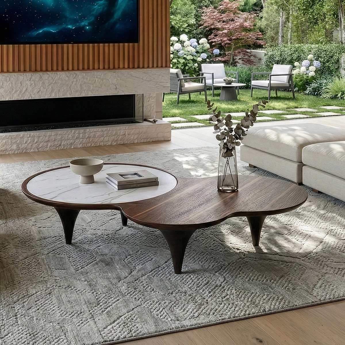 55 Modern Irregular Walnut Coffee Table With White Marble Top, a Stylish Living Room Centerpiece.