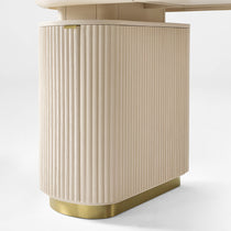 Opal Oval Executive Fixed Height Desk Cabinet Detail. Light Beige Ribbed Panels, Brass Base. Modern Ergonomic Design.