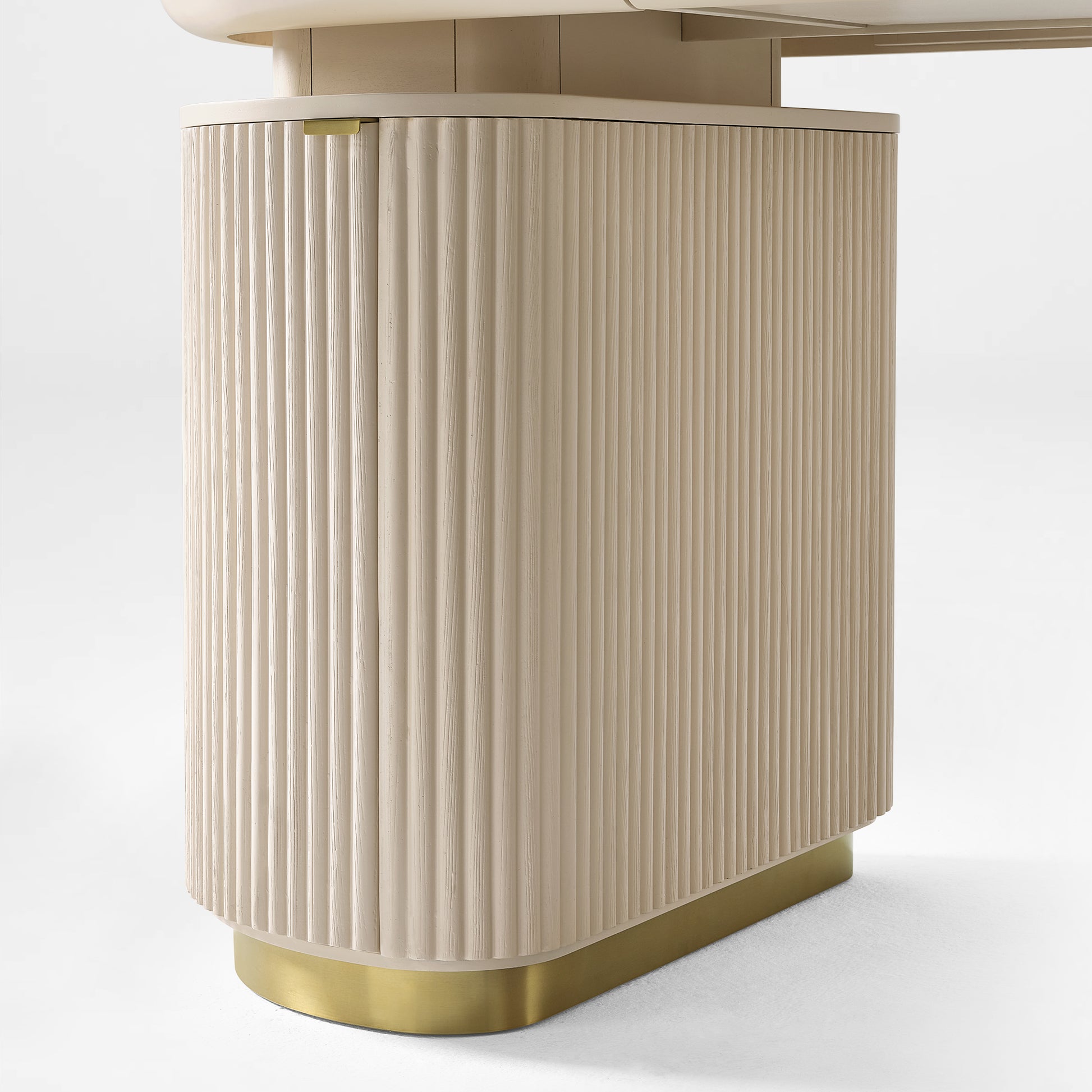 Opal Oval Executive Fixed Height Desk Cabinet Detail. Light Beige Ribbed Panels, Brass Base. Modern Ergonomic Design.