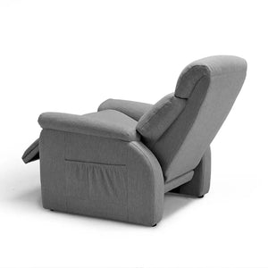 Grey Henry-Armrest Power Recliner Chair in Reclined Position, Side Pocket Detail, Cotton-Linen Fabric, Zero-Gravity Comfort.