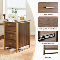 Walnut Four-Drawer File Cabinet With Gold Metal Frame, Office Storage Furniture.