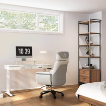 Eureka Ergonomic George Slate Standing Desk in Modern Home Office Setup With White Marble Desktop and Ergonomic Chair.