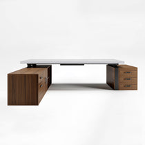 Eureka Ergonomic Zen Pro Executive Standing Desk With White Sintered Stone Top and Dark Wood Cabinets.