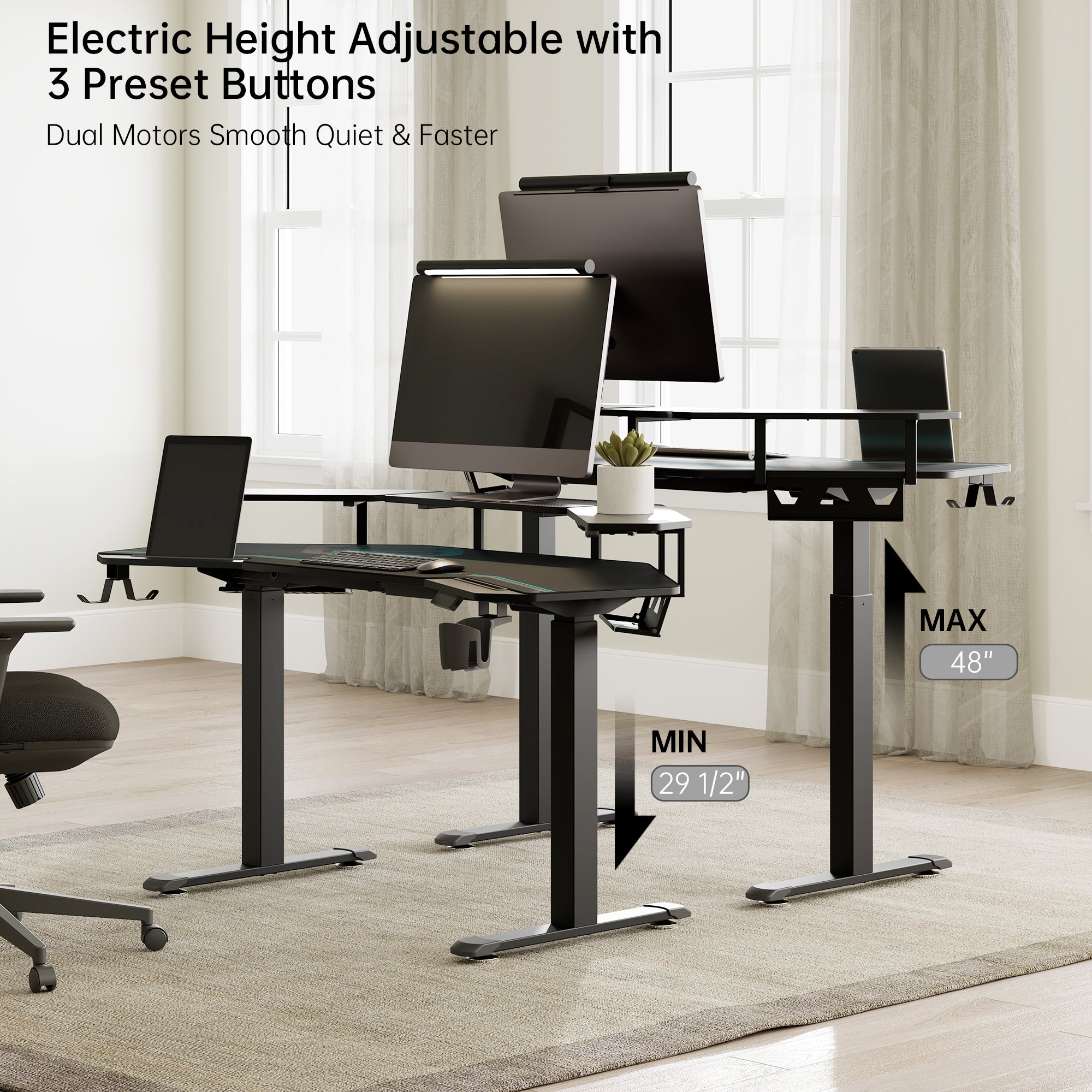 Eureka 63'' Wing Shaped Electric Standing Desk with monitor shelves