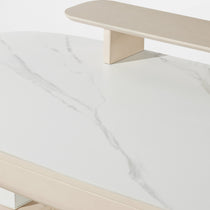Opal Oval Executive Standing Desk Detail With White Marble Top and Beige Wooden Accents. Ergonomic Office Furniture.