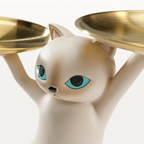 Enchanting Cat Side Table, Beige Cat Design, With Dual Gold Trays, Stylish Home Decor, 23''H.