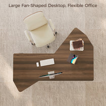 Ergonomic Office Standing Desk With Fan-Shaped Design and Dark Wood Grain, Ideal for Flexible Office Setup.