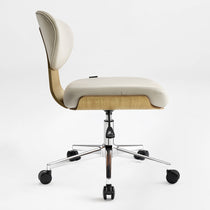 Eureka Ergonomic Off-white faux leather office chair with curved light wood veneer shell, chrome base with casters, and stitching detail.