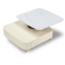 Creamy White Rotating Coffee Table With Marble Top and Drawers, Modern Living Room Furniture.