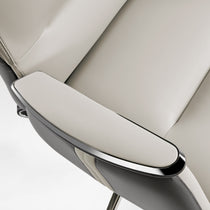 Royal II Executive Office Chair Armrest Detail, Showcasing Silver Trim, Gray Leather, and Ergonomic Design.