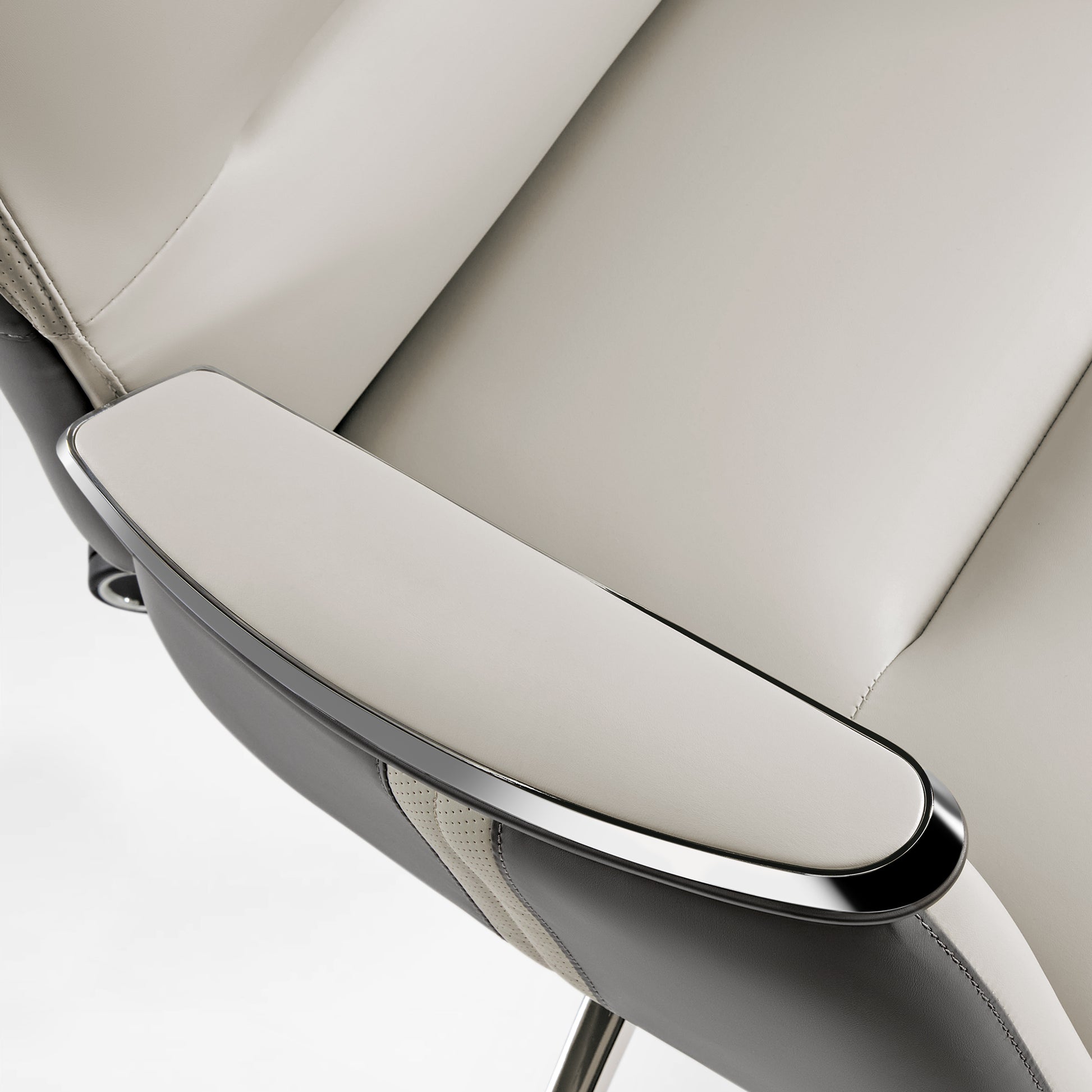 Royal II Executive Office Chair Armrest Detail, Showcasing Silver Trim, Gray Leather, and Ergonomic Design.